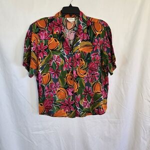 Dahan Womens Vintage Orange Pink Floral Short Sleeve Tropical Button Shirt Large